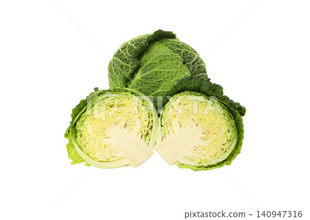 Whole green cabbage above two fresh halves, isolated, PNG Whole green cabbage above two fresh halves, isolated, PNG 140947316