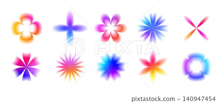 Blurry smooth gradient flower pack. Iridescent blurred blossom shapes collection. Abstract fading bloom elements for sticker, poster, template, badge, collage. Vector bright gradation floral aura set Blurry smooth gradient flower pack. Iridescent blurred blossom shapes collection. Abstract fading bloom elements for sticker, poster, template, badge, collage. Vector bright gradation floral aura set 140947454