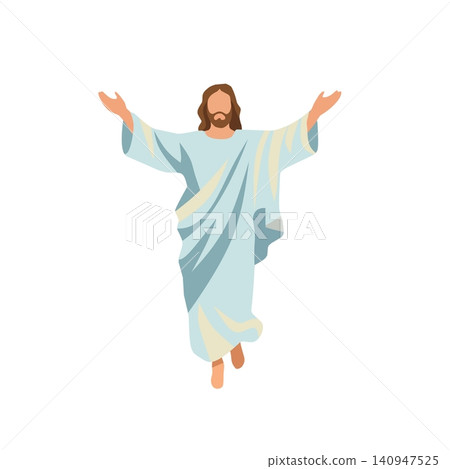 Illustration of Jesus Christ with open arms in a welcoming pose. Christian religious vector isolated on white background for church, worship, Easter, Christmas, and faith designs 140947525