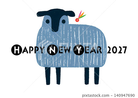 New Year's greeting card for 2027, Year of the Sheep: A simple and modern design featuring a cute Scandinavian-style illustration of a sheep and feathers. New Year's greeting card for 2027, Year of the Sheep: A simple and modern design featuring a cute Scandinavian-style illustration of a sheep and feathers. 140947690