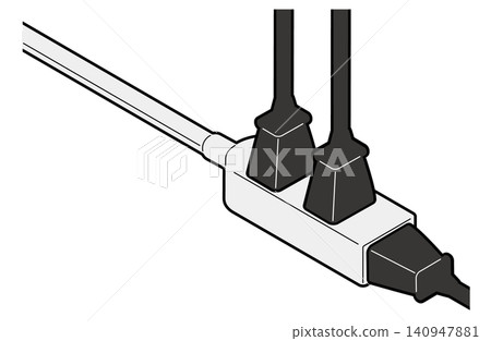 An isometric illustration of a power strip extension cord with three power plugs inserted. An isometric illustration of a power strip extension cord with three power plugs inserted. 140947881