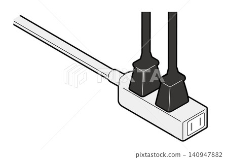 An isometric illustration of a power strip extension cord with two power plugs inserted. An isometric illustration of a power strip extension cord with two power plugs inserted. 140947882