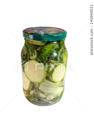 Pickled cucumbers zucchini jar glass brine vinegar fermentation preserved Pickled cucumbers zucchini jar glass brine vinegar fermentation preserved 140948031