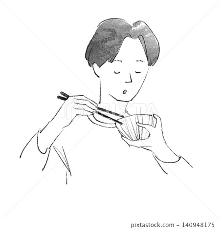 A hand-drawn illustration of a young man eating with a rice bowl and chopsticks. A hand-drawn illustration of a young man eating with a rice bowl and chopsticks. 140948175