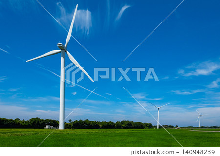 Onshore wind turbines and summer sky, Fukuo, Daisen-cho, Saihaku-gun, Tottori Prefecture 140948239