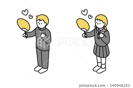 Isometric illustration: Middle school boys and girls (winter clothes) cheering with fans. Isometric illustration: Middle school boys and girls (winter clothes) cheering with fans. 140948283