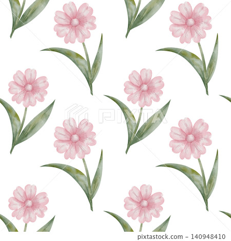 Seamless watercolor feminine pattern with elegant pink flowers with green stems and leaves on white background. For nursery wallpaper, baby apparel and textile designs, botanical backdrop, holiday Seamless watercolor feminine pattern with elegant pink flowers with green stems and leaves on white background. For nursery wallpaper, baby apparel and textile designs, botanical backdrop, holiday 140948410