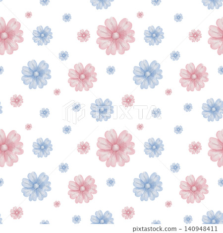Seamless watercolor pattern with delicate pink and blue daisy flowers, perfect for romantic spring wallpapers, textile prints, and wedding invitations, cosmetics packaging. White background Seamless watercolor pattern with delicate pink and blue daisy flowers, perfect for romantic spring wallpapers, textile prints, and wedding invitations, cosmetics packaging. White background 140948411