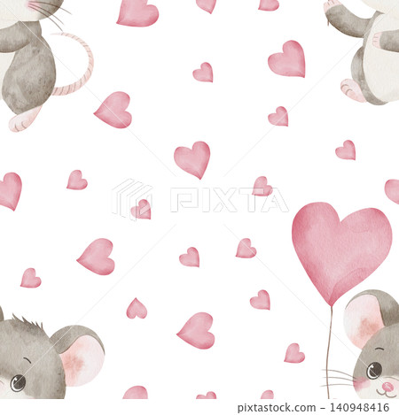 Seamless watercolor pattern with cute mice holding pink heart-shaped balloons, with hearts scattered across the white background. For Valentine's Day, gift, card, textile, child's room 140948416