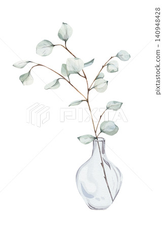 Minimalist watercolor botanical illustration with hand-drawn sage green eucalyptus branches in clear glass vase, isolated on white, for elegant rustic wedding stationery or home decor designs Minimalist watercolor botanical illustration with hand-drawn sage green eucalyptus branches in clear glass vase, isolated on white, for elegant rustic wedding stationery or home decor designs 140948428