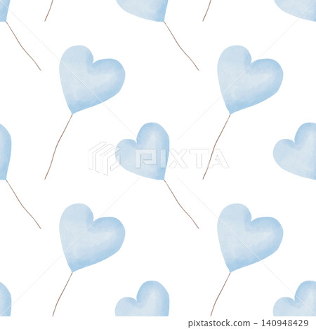 Seamless watercolor pattern with hand-drawn blue heart balloons on white background for gentle nursery wallpaper, baby shower celebrations, textiles, and festive gift wrap, romantic valentine themes 140948429