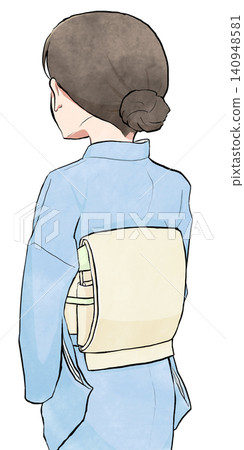 The back view of a woman wearing a kimono with a double taiko knot. The back view of a woman wearing a kimono with a double taiko knot. 140948581