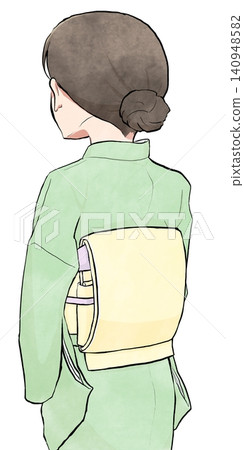 一位身穿雙太鼓結和服的女子的背影。 一位身穿雙太鼓結和服的女子的背影。 140948582