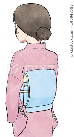 一位身穿雙太鼓結和服的女子的背影。 一位身穿雙太鼓結和服的女子的背影。 140948583