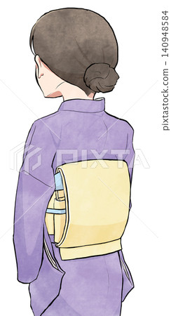 一位身穿雙太鼓結和服的女子的背影。 一位身穿雙太鼓結和服的女子的背影。 140948584