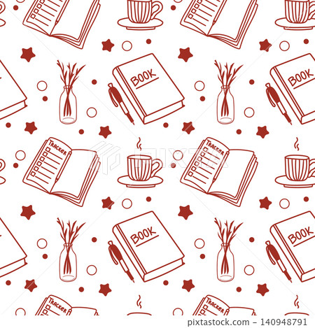 A decorative seamless pattern featuring an open reading book, a beautiful flower vase, and a hot coffee cup. A decorative seamless pattern featuring an open reading book, a beautiful flower vase, and a hot coffee cup. 140948791