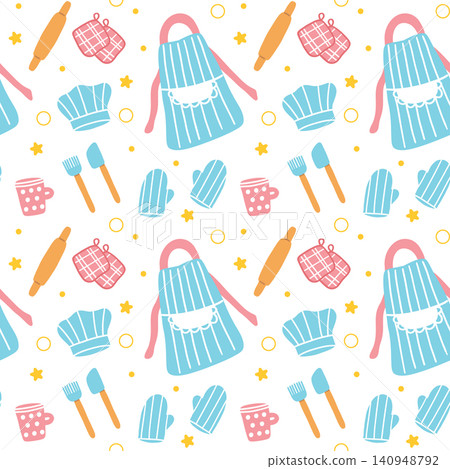 A fun seamless pattern for the kitchen featuring a chef hat, a protective cooking apron, a rolling pin, and various baking utensil tools. A fun seamless pattern for the kitchen featuring a chef hat, a protective cooking apron, a rolling pin, and various baking utensil tools. 140948792