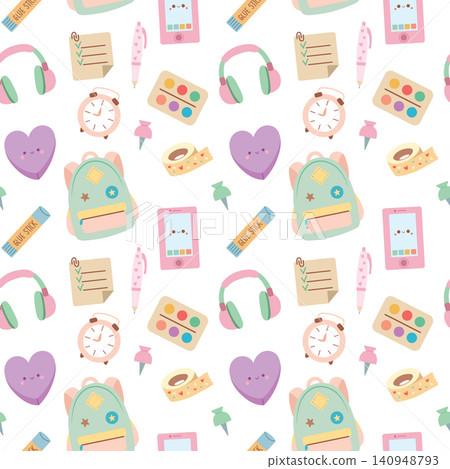 Cute kawaii school stationery seamless pattern with backpack headphone and phone for study Cute kawaii school stationery seamless pattern with backpack headphone and phone for study 140948793