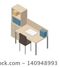Isometric illustration of a bookshelf, study desk, and chair. 140948993