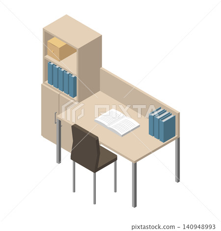 Isometric illustration of a bookshelf, study desk, and chair. Isometric illustration of a bookshelf, study desk, and chair. 140948993