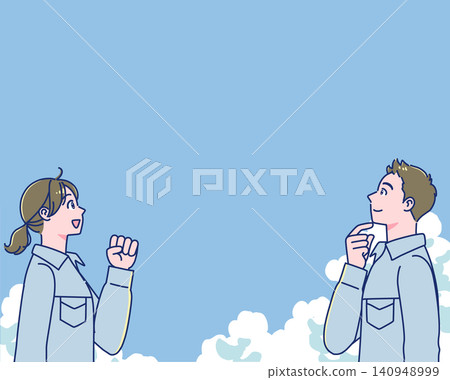 Young male and female workers in work clothes, side view. Young male and female workers in work clothes, side view. 140948999