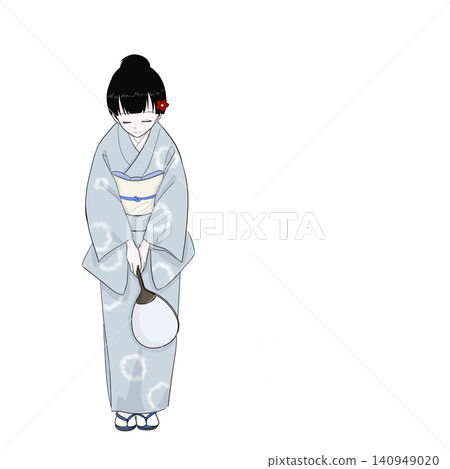身穿和服的女子手持扇子鞠躬-夏季客服形象。 身穿和服的女子手持扇子鞠躬-夏季客服形象。 140949020