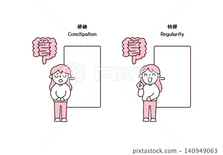 A set of illustrations depicting a woman with constipation and her intestines, and a woman with regular bowel movements and her intestines. A set of illustrations depicting a woman with constipation and her intestines, and a woman with regular bowel movements and her intestines. 140949063