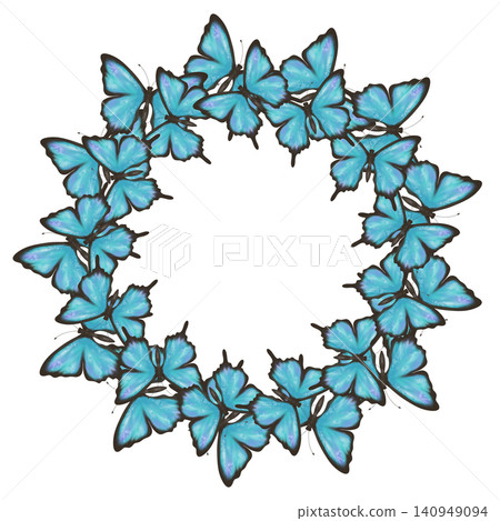Blue butterfly wreath with elegant wings forming a circular floral frame and spacious copy space. Decorative nature design for invitations, greeting cards, wedding stationery, and branding Blue butterfly wreath with elegant wings forming a circular floral frame and spacious copy space. Decorative nature design for invitations, greeting cards, wedding stationery, and branding 140949094