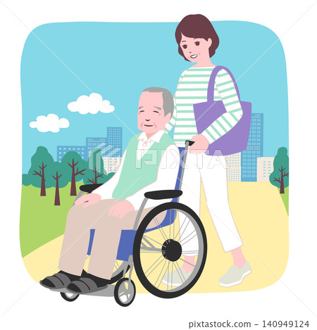 【人生階段】一位女士推著坐在輪椅上的老人在公園裡散步的插圖。 【人生階段】一位女士推著坐在輪椅上的老人在公園裡散步的插圖。 140949124