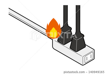 等距圖顯示,插入延長線的電源插頭處燃起火焰。 等距圖顯示,插入延長線的電源插頭處燃起火焰。 140949165