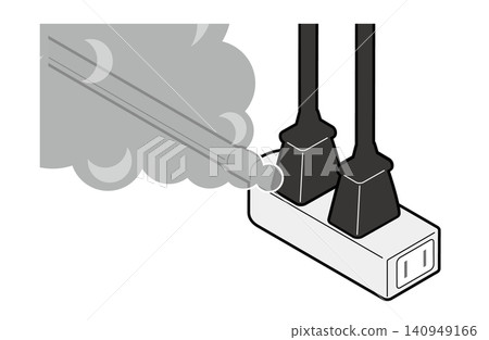 An isometric illustration showing smoke coming from a power plug inserted into an extension cord. 140949166