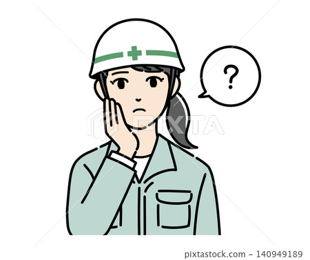 An illustration of a young woman wearing a white helmet and work clothes, looking puzzled. 140949189