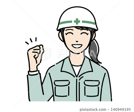 An illustration of a young woman in a white helmet and work clothes, smiling and making a victory pose. An illustration of a young woman in a white helmet and work clothes, smiling and making a victory pose. 140949195