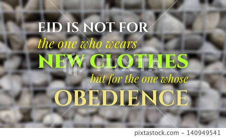 Religious quote graphic features white, lime green, yellow typography over blurred river stones behind wire mesh. The text emphasizes spiritual obedience over material fashion during holiday 140949541