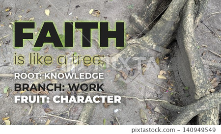 Large tree roots spread across sandy soil littered with fallen leaves. Bold typography overlays the natural scene, presenting a spiritual metaphor. This quote links faith to trees with knowledge as Large tree roots spread across sandy soil littered with fallen leaves. Bold typography overlays the natural scene, presenting a spiritual metaphor. This quote links faith to trees with knowledge as 140949549