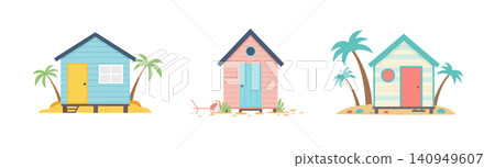 Pastel Beach Huts with Palm Trees and Sand. Summer Vector Illustration on White 140949607