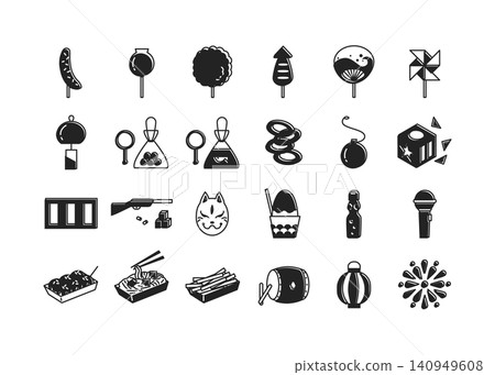 A set of 24 cute icons for summer festivals and fairs (monochrome, minimalist, and woodblock print style illustrations). A set of 24 cute icons for summer festivals and fairs (monochrome, minimalist, and woodblock print style illustrations). 140949608