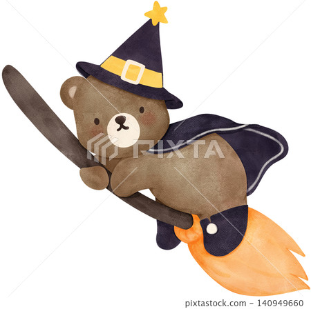 Sassy Halloween Preppy Wizard Bear Riding Magic Broomstick in Coquette style Cute Spooky Watercolor Clipart Sassy Halloween Preppy Wizard Bear Riding Magic Broomstick in Coquette style Cute Spooky Watercolor Clipart 140949660