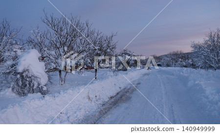 A cleared country road in the winter twilight. High snowdrifts line the roadsides, and the trees and bushes are thickly covered with a fluffy crust. The sky on the horizon is painted in soft pink tone A cleared country road in the winter twilight. High snowdrifts line the roadsides, and the trees and bushes are thickly covered with a fluffy crust. The sky on the horizon is painted in soft pink tone 140949999