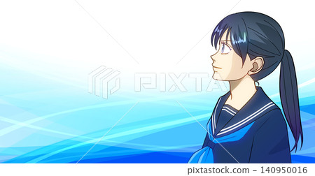 An anime-style illustration of a female student in a sailor uniform, against a light blue and blue background. An anime-style illustration of a female student in a sailor uniform, against a light blue and blue background. 140950016