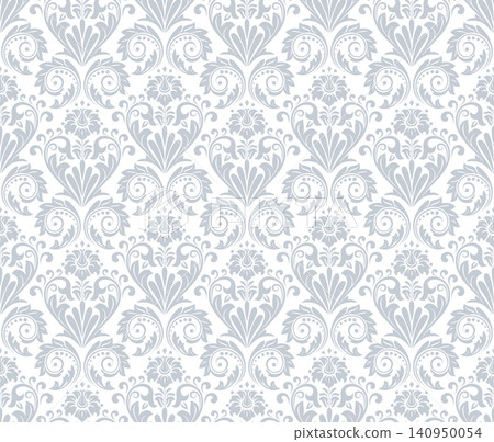Wallpaper in the style of Baroque. White and gray floral ornament. Seamless vector background. Graphic pattern for fabric, wallpaper, packaging. Ornate Damask flower illustration Wallpaper in the style of Baroque. White and gray floral ornament. Seamless vector background. Graphic pattern for fabric, wallpaper, packaging. Ornate Damask flower illustration 140950054