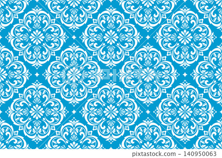 Wallpaper in the style of Baroque. White and blue floral ornament. Seamless vector background. Graphic pattern for fabric, wallpaper, packaging. Ornate Damask flower illustration 140950063