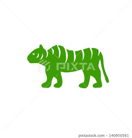 白色背景上的綠色老虎剪影插圖；動物；力量。 140950561