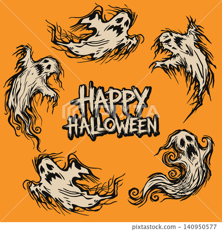 Happy Halloween calligraphy have freaky ghosts floating around with orange background square template. Happy Halloween calligraphy have freaky ghosts floating around with orange background square template. 140950577