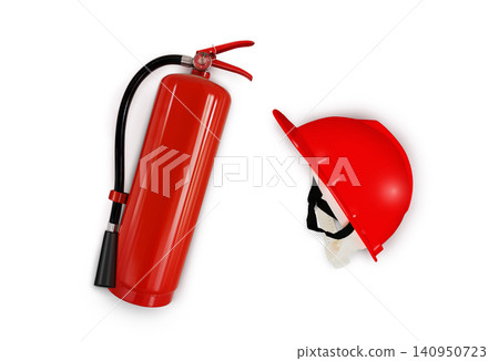 A red fire extinguisher and a red helmet against a white background. Top view. 140950723