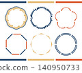 A set of vector illustration materials featuring red, blue, and yellow Japanese-style round frames and decorative borders. 140950733