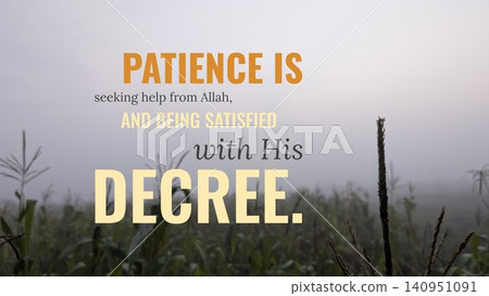 Patience is seeking help from Allah, being satisfied with His decree. This spiritual quote, set over a misty, foggy cornfield, suggests submission, resilience, inner peace, devotion, acceptance. Patience is seeking help from Allah, being satisfied with His decree. This spiritual quote, set over a misty, foggy cornfield, suggests submission, resilience, inner peace, devotion, acceptance. 140951091