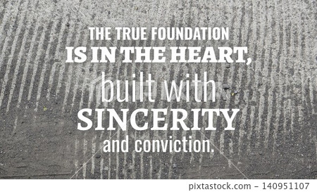 A quote states the true foundation is within the heart, built on sincerity, conviction. Bold white text contrasts with a dark, rough gray pavement texture, featuring strong vertical lines. 140951107