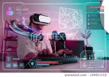 Asian woman wearing VR headset live streaming video game with futuristic HUD interface Asian woman wearing VR headset live streaming video game with futuristic HUD interface 140951319
