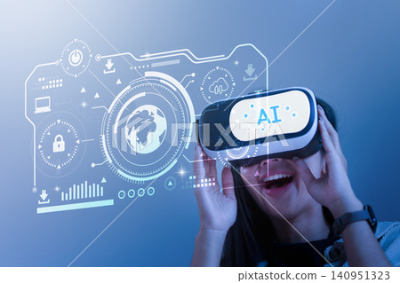 Asian woman wearing VR headset experiencing artificial intelligence virtual reality technology Asian woman wearing VR headset experiencing artificial intelligence virtual reality technology 140951323